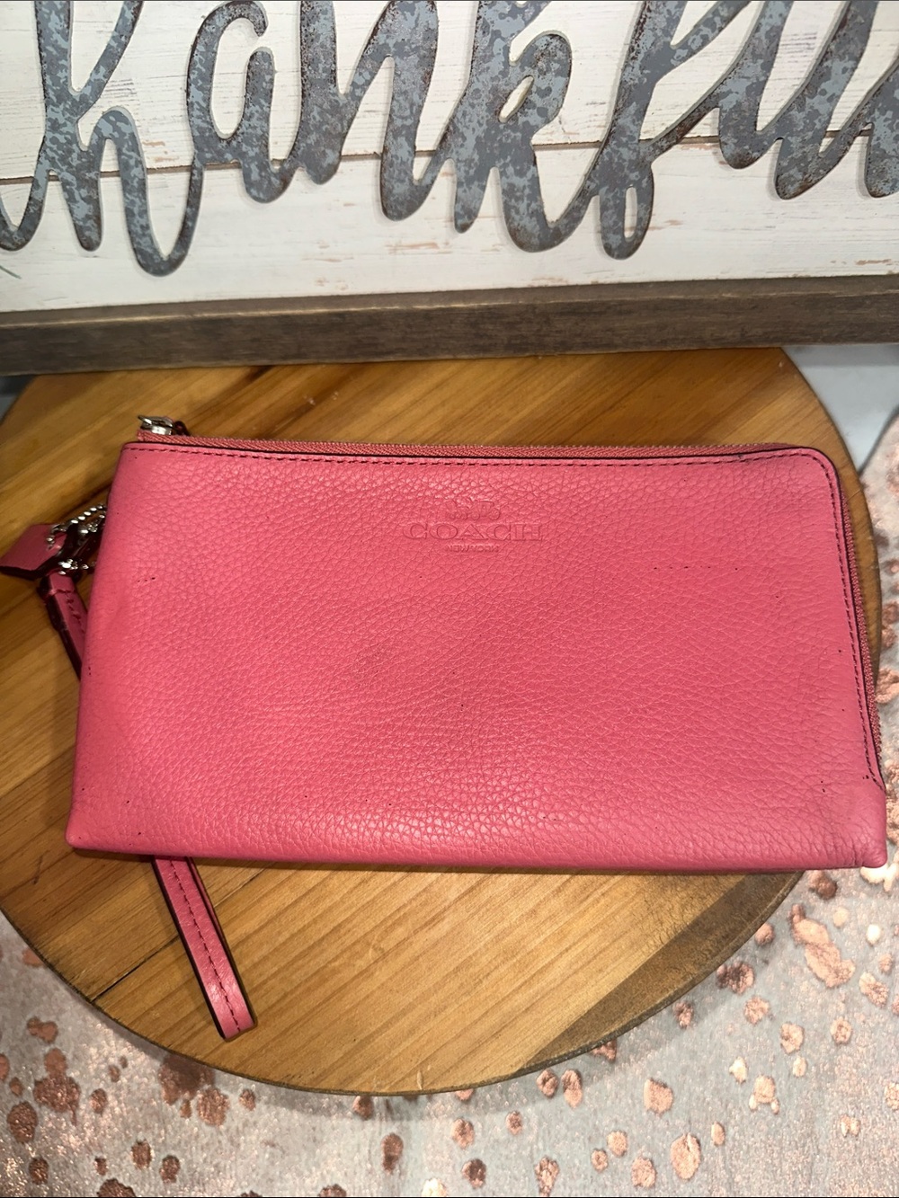 Coach Pink Pebbled Leather double zip large wallet